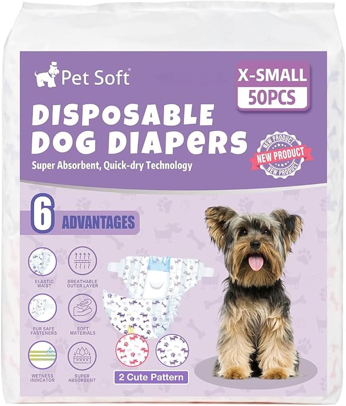 Pet Soft Female Dog Diapers - Disposable Doggie Diapers with Wetness Indicator, Puppy & Cat Diaper Super Absorbent, Fit for Female Dog in Heat or Incontinence, 50pcs (XS, Mixed)