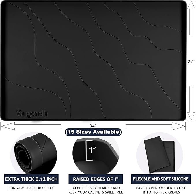 Premium Under Sink Mats for Kitchen Waterproof 34" x 22", Extra Thick Non-Slip Silicone Under Sink Liner Drip Tray, Raised Edge Under Sink Cabinet Mat ,Prevent Drips, Leaks, Spills,Black