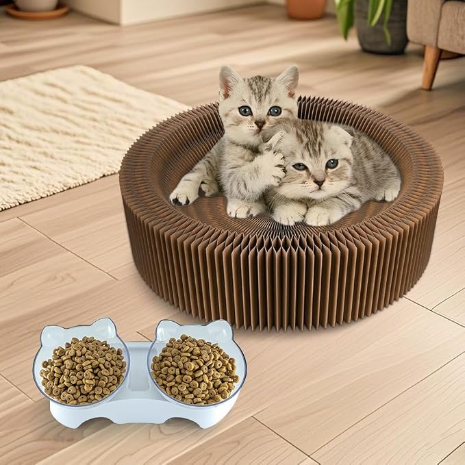 Cat Bed Scratcher Lounge - Cardboard Collapsible Pet Scratching Pad, Round Cat Scratch Nest for Indoor Big Large Kitty Kitten