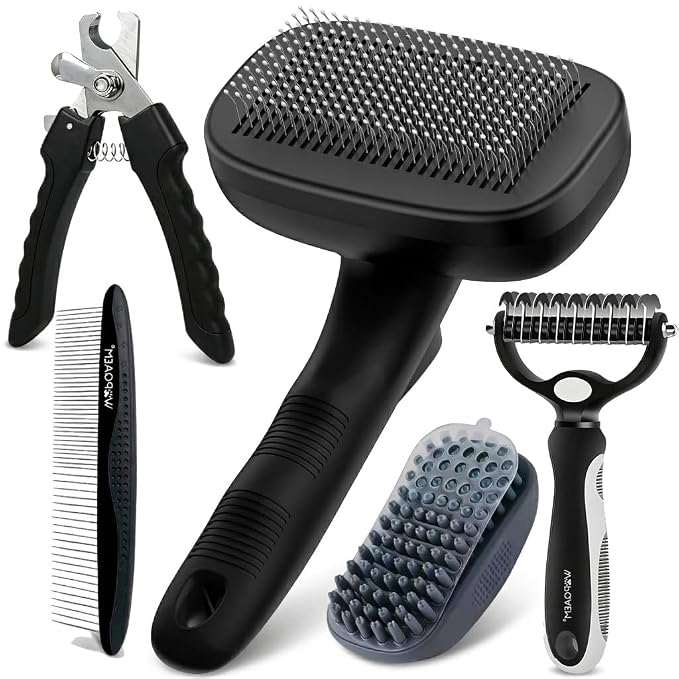Self Cleaning Slicker Brush for Dog - 5 PCS Dog Brush Grooming Kit,Undercoat Rake Brush Comb for Small Large Dogs Cats, Dog Hair Brush Set, Grooming Deshedding at Home or Travel, Black