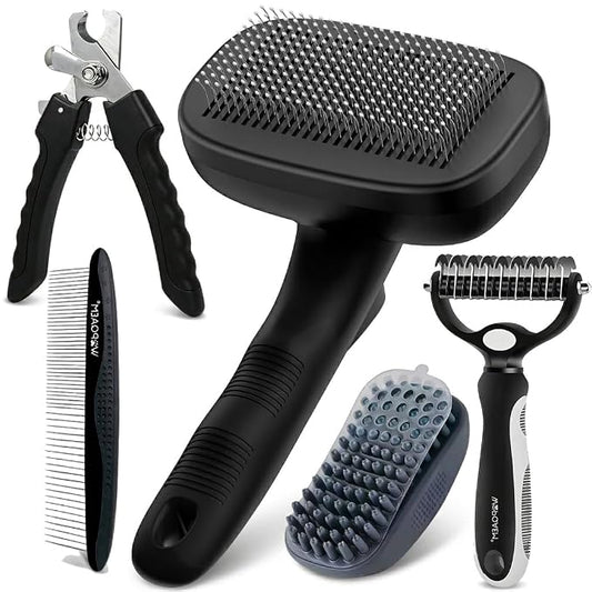 Self Cleaning Slicker Brush for Dog - 5 PCS Dog Brush Grooming Kit,Undercoat Rake Brush Comb for Small Large Dogs Cats, Dog Hair Brush Set, Grooming Deshedding at Home or Travel, Black