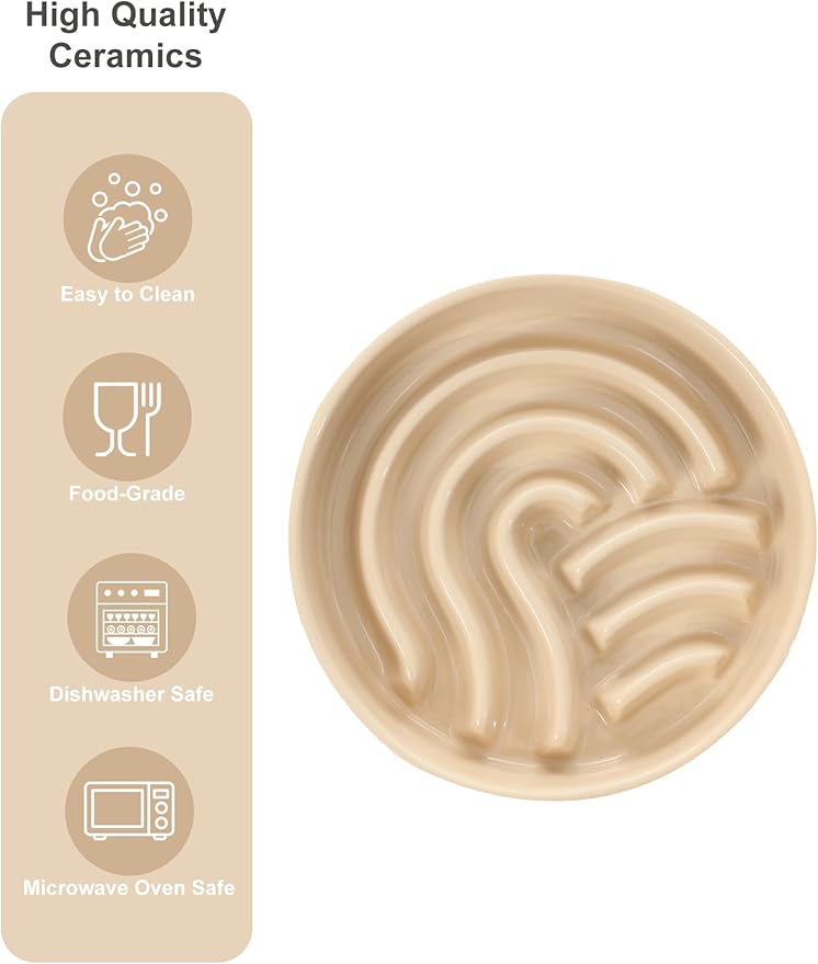 Ceramic Slow Feeder Dog Bowl, Maze Puzzle Non-Slip Silicone Base Stoneware Bowl for Small Medium Dogs, Heavy Duty Anti-Bloat Dog Food Bowl Dishwasher Safe – Apricot, Small