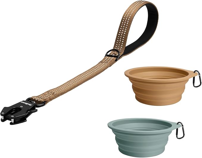 PetBonus Heavy Duty 24 Inch Short Dog Leash and 2-Pack Large Silicone Collapsible Dog Bowls