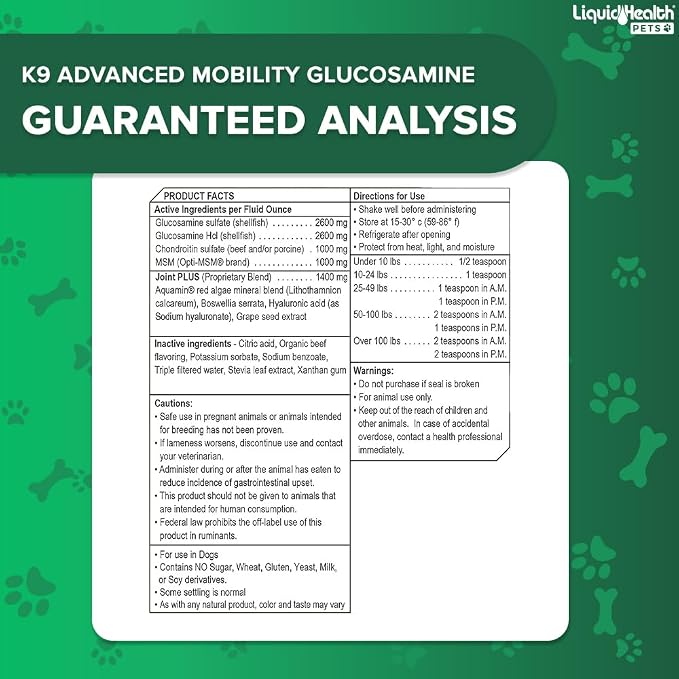 LIQUIDHEALTH Pets K9 Advanced Mobility Liquid Glucosamine Level 5000 for Large Dogs with Chondroitin, MSM, Boswellia Serrata - Dog Hip & Joint Health Vitamins, Pet Joint Oil Juice - USA Made (3 Pack)