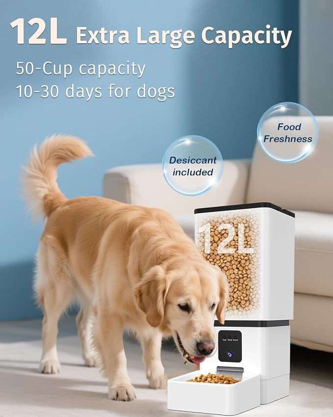 Automatic Dog Feeder Large Breed with Camera - 12L/50 Cups Anti-Clog Dog Food Dispenser for Kibble up to 20mm/0.78 in - WiFi App Scheduling & HD 1080P Camera for Remote Mealtime Check-Ins by Yakry