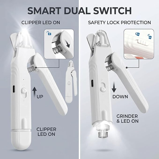 2-in-1 Dog Nail Grinder & Dog Nail Clippers Trimmers for Large Medium Small Dogs Cats Pets Claw Trimmer with LED Lights (White)