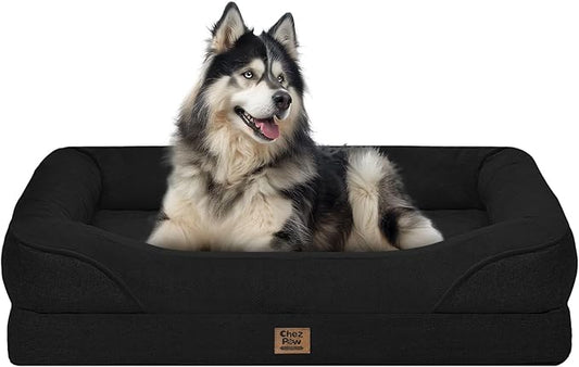Chez Paw XXL Orthopedic Dog Bed for Extra Large Dogs, Extra Thick Egg-Crate Foam Waterproof Pet Couch with Removable Washable Cover, 4-Sided Bolster & Non-Slip Bottom, Black 45"x35"x7.5"