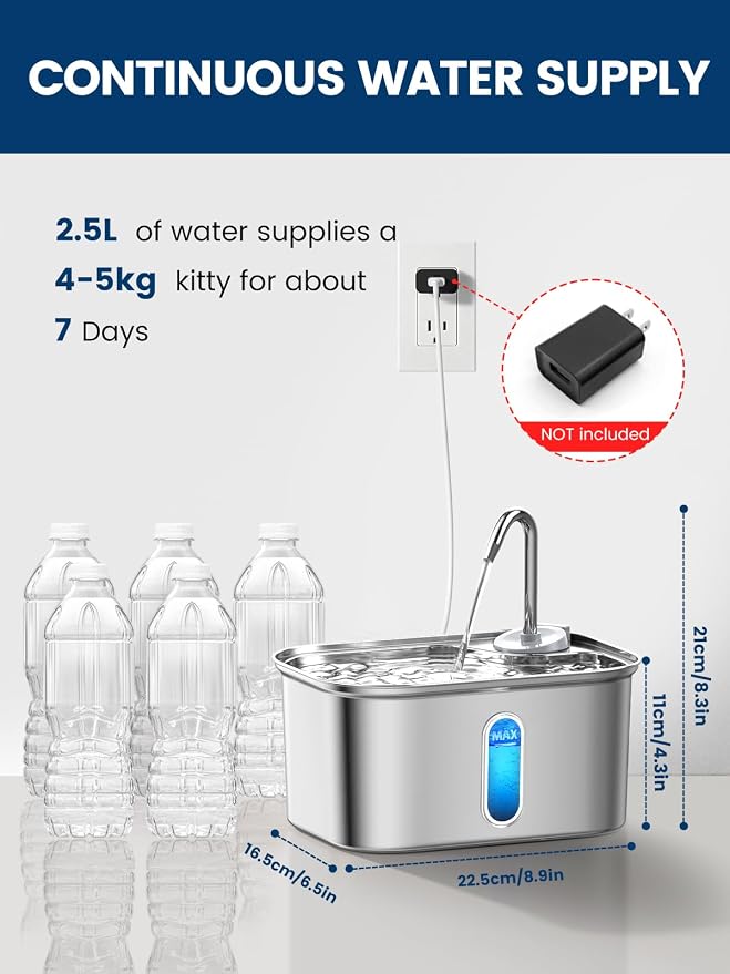 Cat Water Fountain Stainless Steel for Cats Indoor 2.5L 85oz by BPA-Free SUS304, Effective 6-Layer Filter Cat Fountain for Drinking 20dB Ultra Quiet & Soft Flow Metal Pet Water Fountain