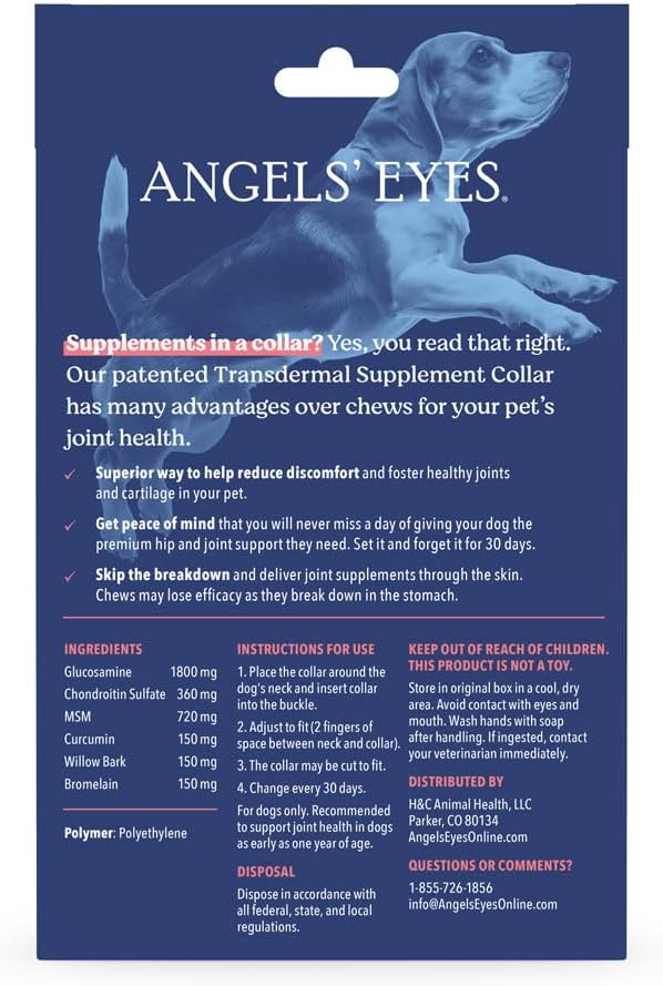 ANGELS' EYES Hip + Joint Mobility Collar for Dogs with Glucosamine, Chondroitin, MSM, and More | Convenient & Easy | 30 Days of Continuous Support | Water Resistant (Small)
