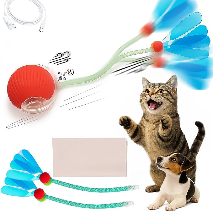 Cat Toys for Indoor Cats – Automatic Kitten Interactive Toy with Speedy Ball Tail as Pet Mental Stimulation - Kittens Small Dogs and Bored Adult Dog Balls to Keep Them Busy as Enrichment - Red