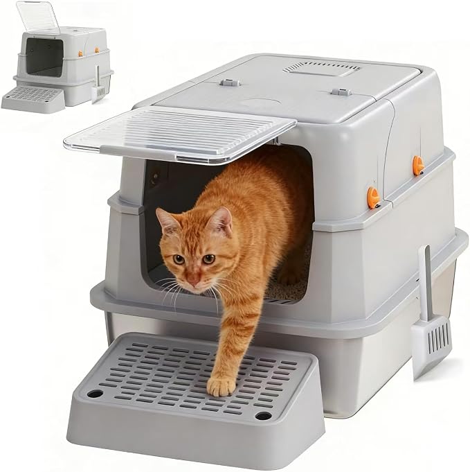 Stainless Steel Cat Litter Box - Gray High-Sided Enclosed Design, Anti-Leak, Reduces-Odors, Non-Sticky, Easy to Clean, Metal Cat Litter Box, High Side Includes Scoop and Steps, Large Capacity Kitty
