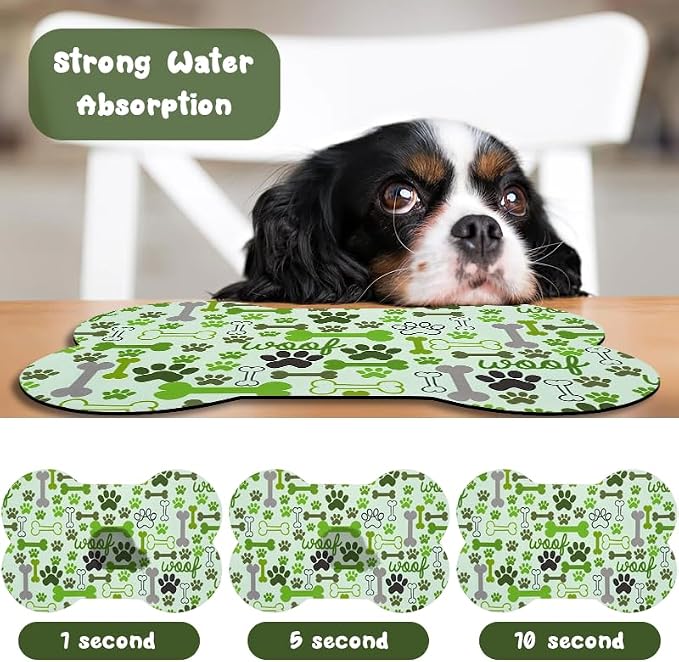 Dog Food Mats for Floors Waterproof, Pet Feeding Absorbent Water Bowl Mat Cat Placemats Green Bone Shape 19 * 12 inch