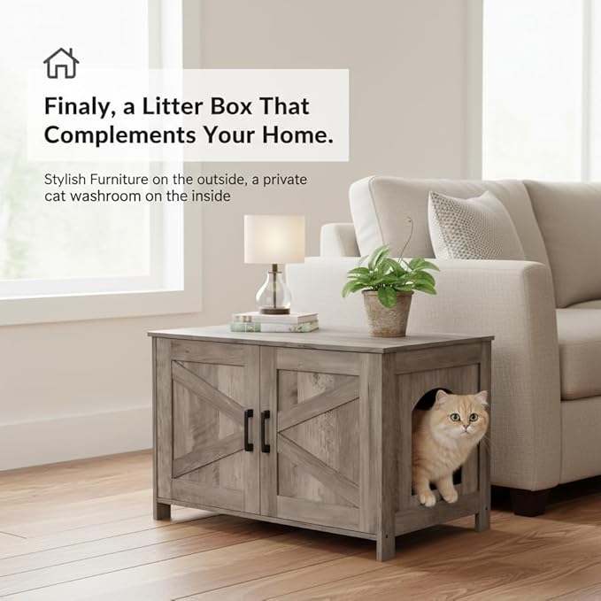 Homhedy Cat Litter Box Enclosure, Wooden Cat Washroom Furniture with Barn Door, Pet House, Fit Most of Litter Box, Greige