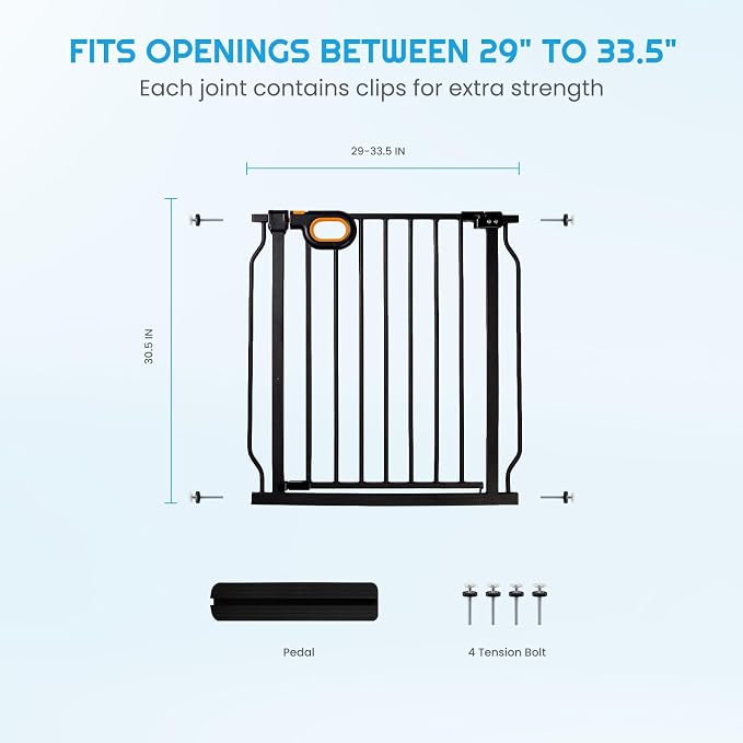 owlie Baby Gate for Stairs 29-33 Inch Wide, Safety House Gate for Baby Pet Gate with Door Pressure Mounting Gates for Kids Toddler Dogs Indoor Stairway Doorway Black (30.5'' Tall)