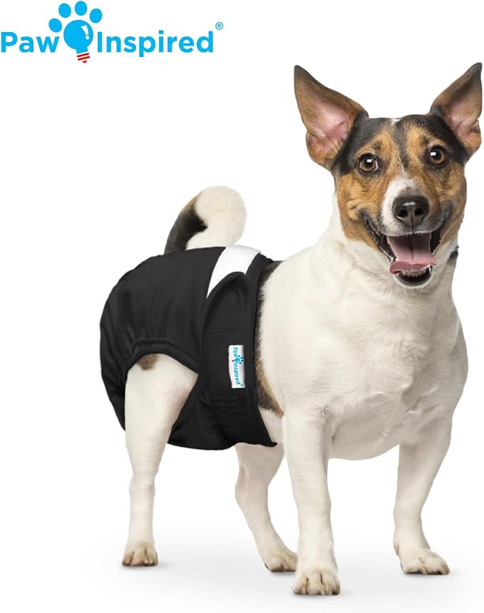 Paw Inspired Washable Dog Diapers (3 Pack) | Reusable Cloth Doggy Diapers for Female Small, Medium, Large Size Dogs (Black with Black Lining, Size Small)