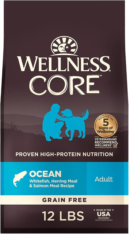 Wellness CORE Adult Dry Dog Food, Grain Free Kibble, Natural, High Protein, Chicken Free, Whitefish, Herring and Salmon Recipe, 12 lb Bag