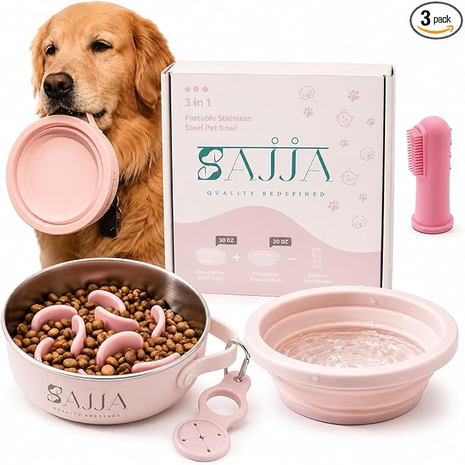 Pink Slow Feeder Travel Dog Bowl Set – 30oz Stainless Steel + 20oz Collapsible Silicone Dish + Silicone Slow Feeder Insert | Water Bottle Holder | Non-Slip, Anti-Choking, BPA-Free – Claim