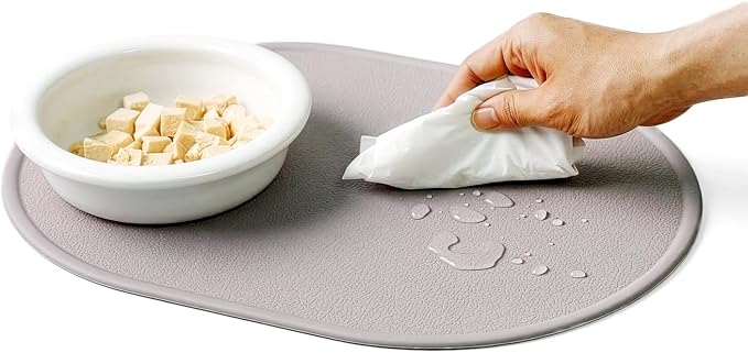 Silicone Pet Feeding Mat for Cats & Small Dogs, Non-Slip Waterproof Dog & Cat Bowl Mat with Raised Spill Edge, Made in Korea (Ash Gray, 15.7" × 11.4")
