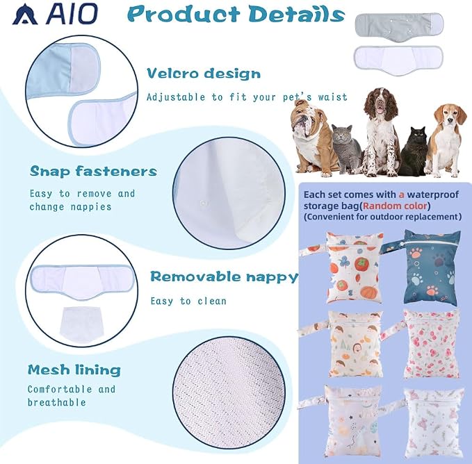 AIO Male Belly Bands for Dogs - Dog Diapers Male -Belly Bands for Male Dogs- High Absorbing Dog Wraps Washable - Reusable Large Doggy Doggie Puppy Dog Diapers