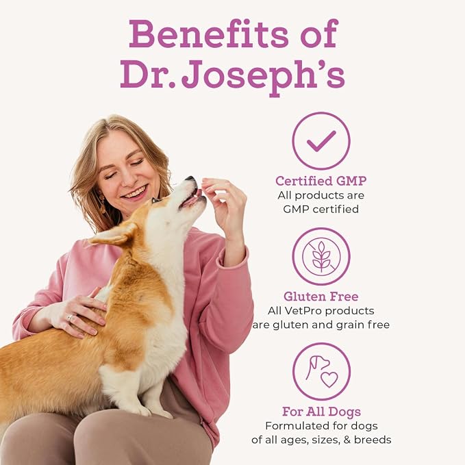 Dr. Joseph's VetPro Complete Dog Hip & Joint Wellness Supplement – High-Strength Glucosamine, MSM, Omega & Chondroitin Chews and Breeds – Vet Formulated Chicken Dog Treat - 60 Count