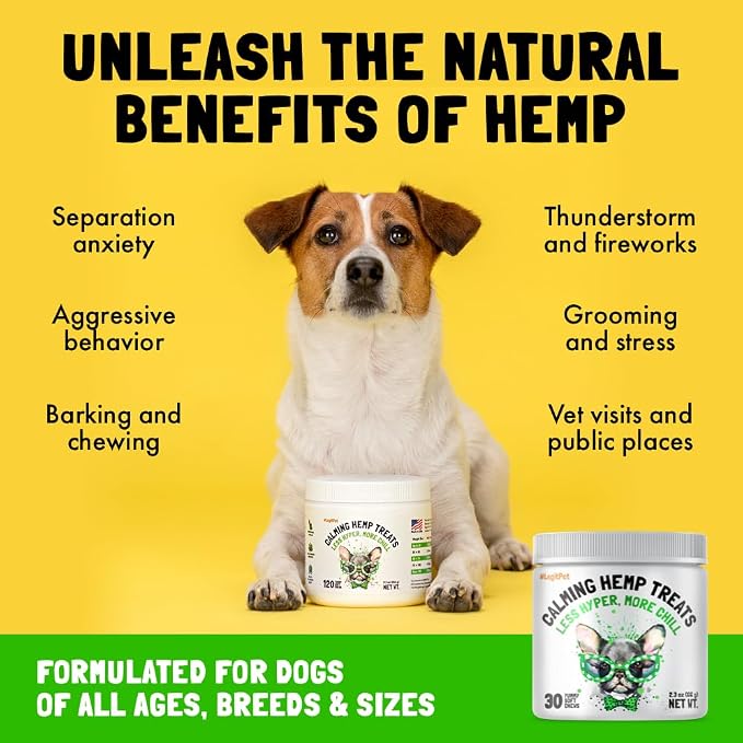 LEGITPET Calming Hemp 30 Treats for Dogs Made in USA with Organic Hemp and Turmeric Curcumin Hip & Joint Dogs Supplement Anti-Inflammatory Support 120 Chewa