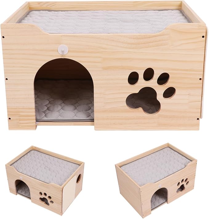 Large Wooden Cat House for Indoor Cats- Cat Scratcher House, Sturdy Cat Playhouse Cat Bed Cave,Cat Scratchers with Sisal Scratching Board, Wooden Cat Condos, Cat Cubes, Cat Hideaway