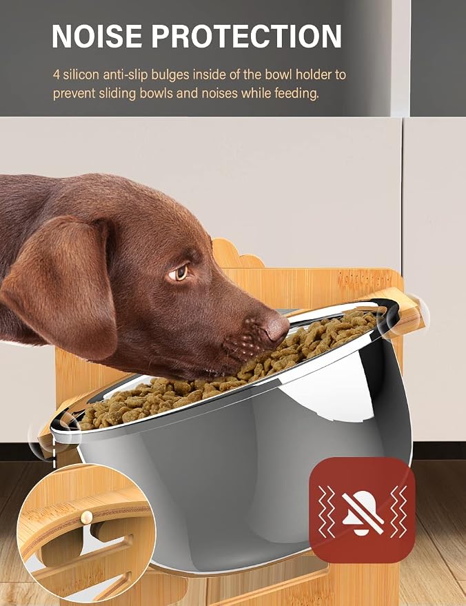 Vantic Elevated Dog Bowls, Adjustable Raised Dog Bowl Stand for Large and XLarge Pet, Sturdy Bamboo Food Feeder with 2 Stainless Steel Dishes, Natural