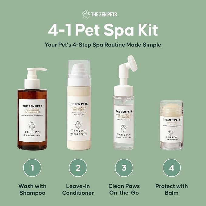 ZenSpa 4-in-1 Dog Spa Kit | Oatmeal Shampoo, Conditioner, Paw Cleaner and Nose Balm | Hypoallergenic Natural Formula for Sensitive Skin | All Breeds and Puppies