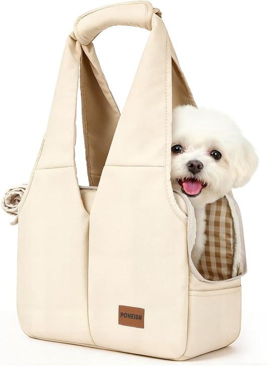 Dog Purse Carrier for Small Dogs and Cats, Soft-Sided Pet Tote Bag with 6 Large Pockets, Collapsible Travel Puppy Carrier, Fits Pets up to 16 lbs (Beige, 17.5" L x 8" W x 12" H)