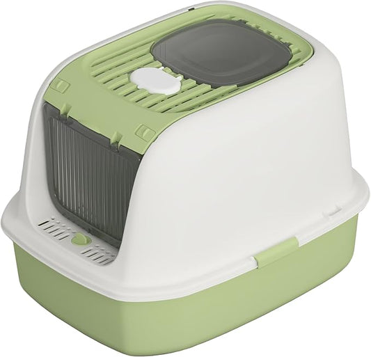 Cat Litter Box with Scoop, Front Entry Covered Litter Box with Lid, Top Exit Kitty Litter Box, Easy to Clean Durable Plastic Litter Pan, Ideal Size for Small to Medium Cats 20.6”×16”×14.3”Green