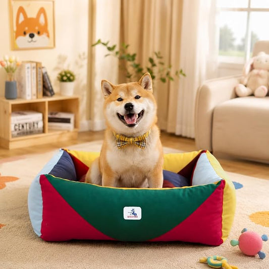 Cotton Canvas Dog Bed, Cute Dog Bed Medium Size Dog, Puppy Bed with Washable Removable Cover, Durable 290 GSM Cotton Anti-Chewing Pet Bed with Anti-Slip Bottom (30"x25"x10", Red&Yellow&Green)