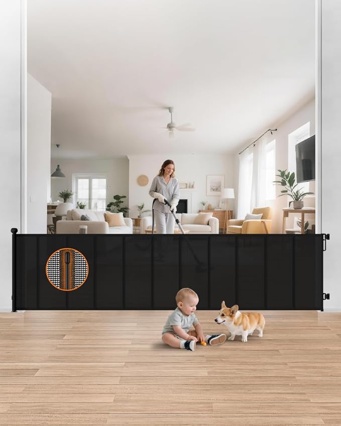 120" Extra Wide Retractable Baby Gate, 34" Tall Multi-Rod Reinforced Mesh Pet Gate for Patios, Deck Access and Indoor-Outdoor Openings, Extra Long Retractable Dog Gate, Black