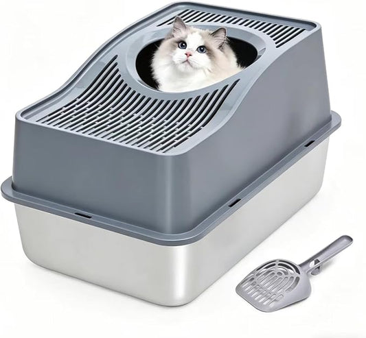 Top Entry Cat Litter Box with Lid, Stainless Steel Enclosed Cat Kitty Litterbox, Top Loading Large Metal High Side Litter Pan Tray Box Enclosure Easy Cleaning Anti-Leakage