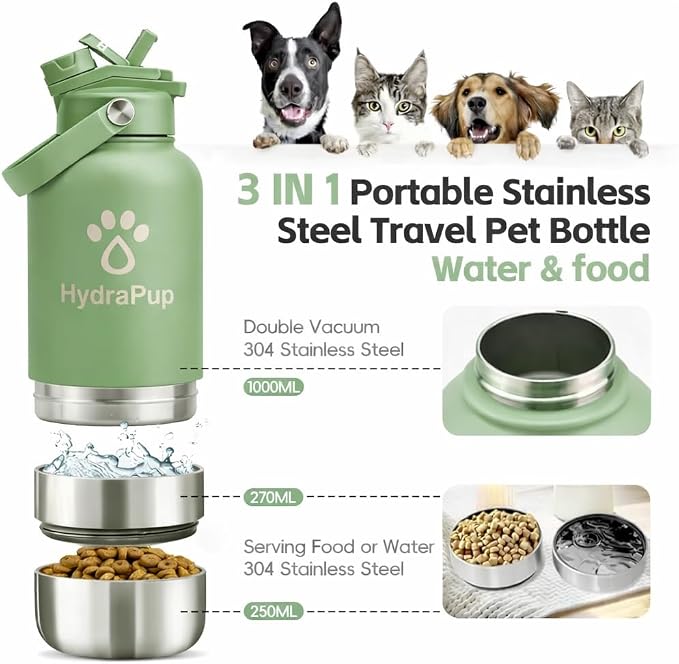 32oz Insulated Water Bottle with Dog Bowls – Human & Pet Shared Use, Stainless Steel Leakproof Travel Bottle (Sage Green)