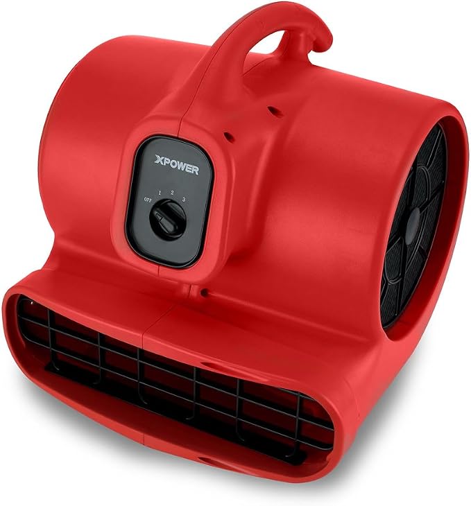 XPOWER X-600A Pro 1/3 HP 2400 CFM Centrifugal Air Mover, Carpet Dryer, Floor Fan, Blower, Daisy Chain, for Water Damage Restoration, Janitorial, Plumbing, Home Use, Red