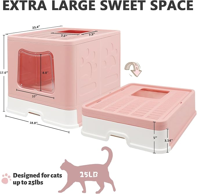 XL Foldable Cat Litter Box with Lid - Jumbo Enclosed Potty - Top Entry Anti-Splashing Toilet - Includes Scoop & 2-in-1 Cleaning Brush (Pink)