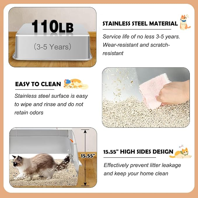 Vivifying Stainless Steel Litter Box with Lid, XL Side Entry Extra Large Litter Box for Big Cats & Kitty, Removable Enclosed Metal Cat Pan with High Sided Enclosure, Scoop, Mat, Footboard (Beige)