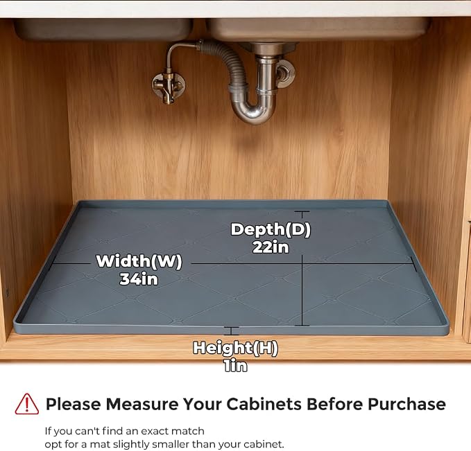 34" x 22" Large Under Sink Mats Kitchen : Waterproof Under-Sink Organizers Sink Mat Protectors, Flexible Silicone Drip Tray Pet Food Mats Kitchen Bathroom Drawer Shelf and Cabinet Liner, Grey