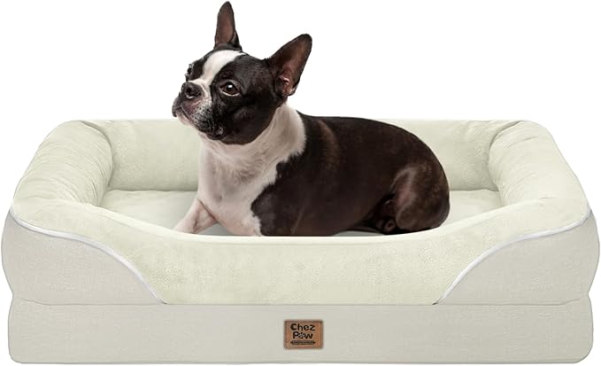Chez Paw Orthopedic Dog Bed for Medium & Large Dogs, Waterproof Egg-Crate Foam Dog Bed with Removable Washable Cover, 4-Sided Bolster Support & Non-Slip Bottom,Beige 36"x27"x7"