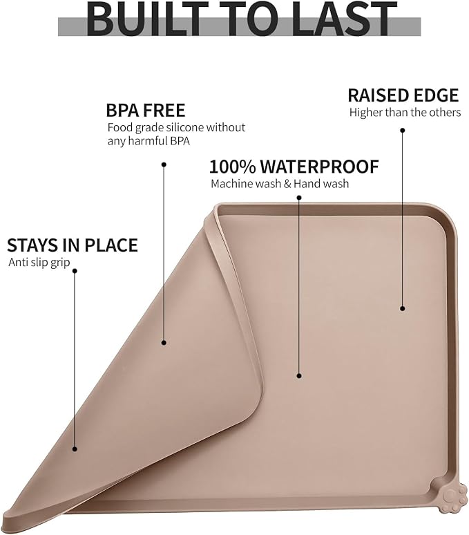 Reopet Silicone Pet Feeding Mat - Waterproof & Non-Slip Dog Cat Placemat | High Raised Edges Prevent Food & Water Spills to Protect Floors, Easy to Clean, Fit for Dog Cat Bowls