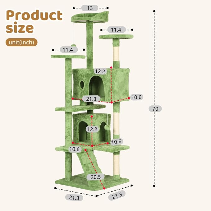 BestOffice 70 Inch Cat Tree, Multi-Level Cat Tower with Condo, Perches, Sisal Scratching Posts, Climbing Ladder,Indoor Activity Center Play House for Kittens & Adult Cats, Green