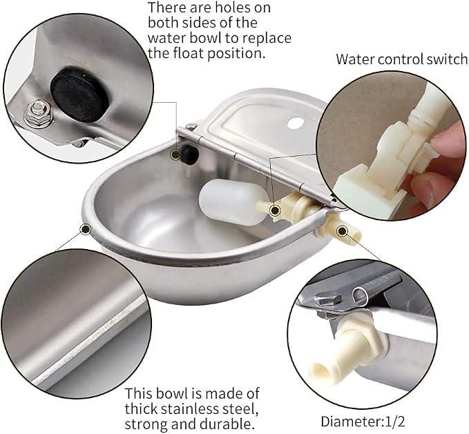 Automatic Cow Drinking Water Bowl, Stainless Steel Feeder Trough Dispenser Waterer for Pet Dog Horse Cattle Goat Sheep, with Float Ball Valves