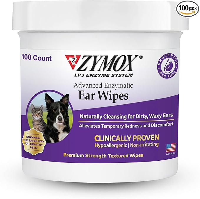 Zymox Advanced Enzymatic Ear Wipes for Dogs and Cats - for Dirty, Waxy, Smelly Ears - Premium Strength Ear Cleaner Wipes - Non-Irritating - Hypoallergenic - 100 ct