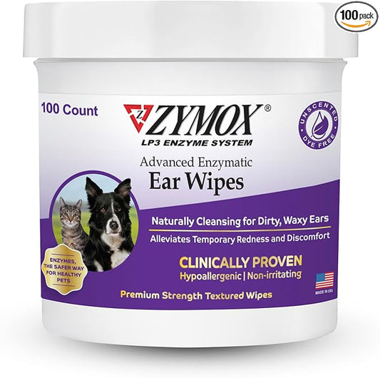 Zymox Advanced Enzymatic Ear Wipes for Dogs and Cats - for Dirty, Waxy, Smelly Ears - Premium Strength Ear Cleaner Wipes - Non-Irritating - Hypoallergenic - 100 ct