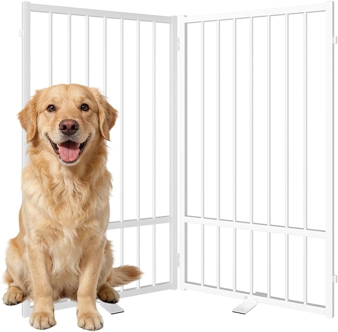 SNUOWU Full Metal Freestanding Dog Gate with Door, 36''Height Foldable Pet Dog Fence for Indoor & Outdoor, 2 Panels Extra Wide Free Standing TallDog Gates for Doorways,House,Stairs,Porch,Deck,Yard