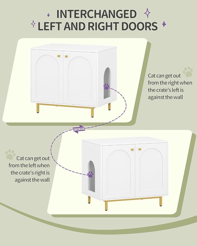 Hzuaneri Cat Litter Box Enclosure, Hidden Litter Box Furniture Cabinet, Wooden Indoor Cat House, Side End Table, Living Room, Bedroom, White and Gold CB85003G