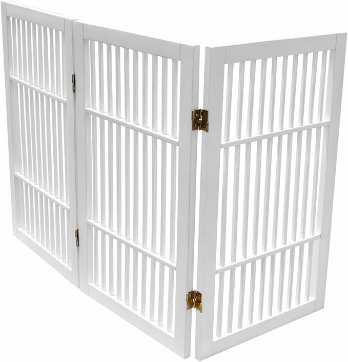 Urnporium Pet Dog Gate Freestanding, Strong Durable Folding Wooden Fence, Portable Acacia Hardwood Safety Barrier for Indoor & Outdoor Use (White Pet Gate, 3 Panel 30" Tall)
