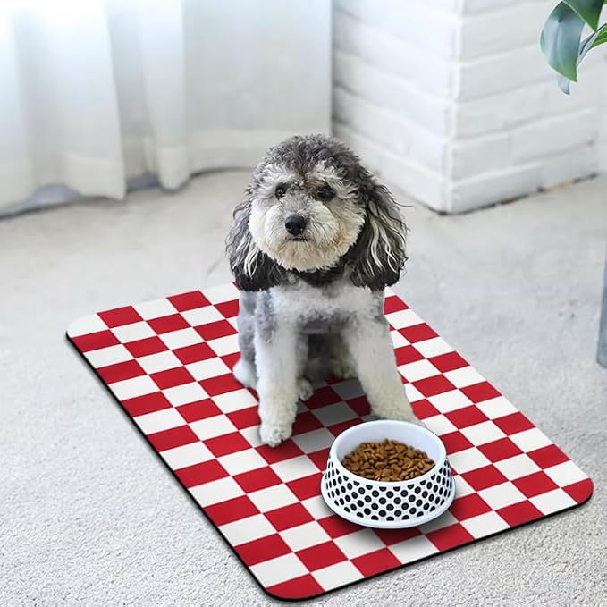 Dog Food Mats for Floors Waterproof, Pet Water Bowl Mats Pet Feeding Absorbent Placemats Plaid 16 * 24 inch