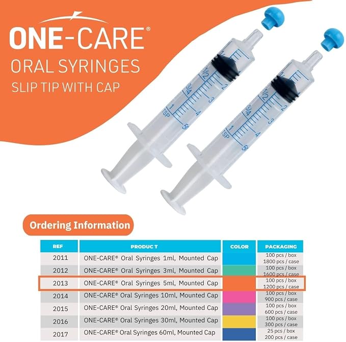 ONE-CARE 5ml Oral Syringe with Cap - Sterile, Individually Wrapped - 100 Syringes, Slip Tip, Uses include oral administration of medicine for infants, adults and animals