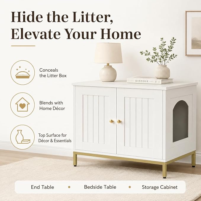 Homhedy Cat Litter Box Enclosure, Cat Washroom Furniture with Metal Frame, Pet House, Fit Most of Litter Box, Modern Style, White and Gold